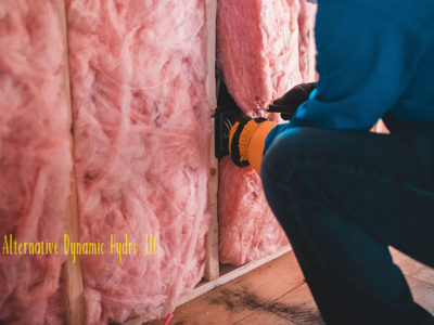 Someone installing pink insulation